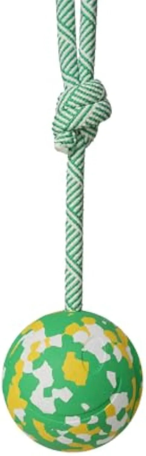 Natural rubber dog ball on nylon rope toy for medium and small dogs in two size options