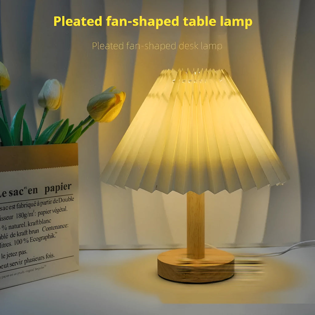 Vintage pleated umbrella shaped remote control bedside lamp in pure white colour with USB power cable