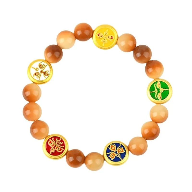 Yellow bodhi seed bracelet with five directions pattern and round geometric design