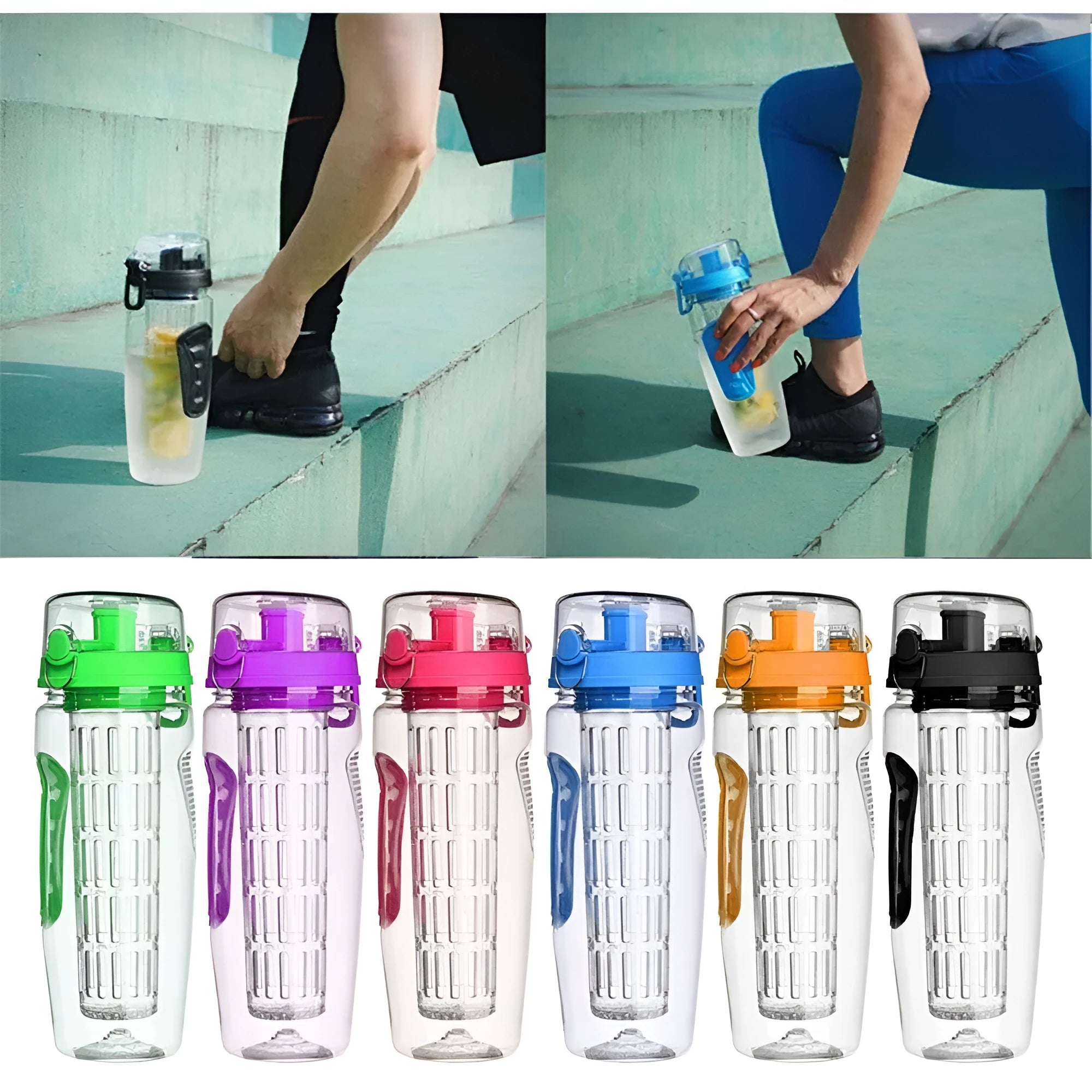 Clear 32oz Tritan plastic fruit infuser water bottle with blue lid and separate fruit infusion cup