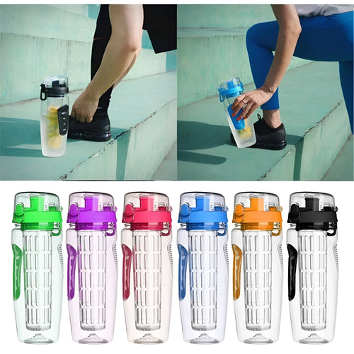 Clear 32oz Tritan plastic fruit infuser water bottle with blue lid and separate fruit infusion cup