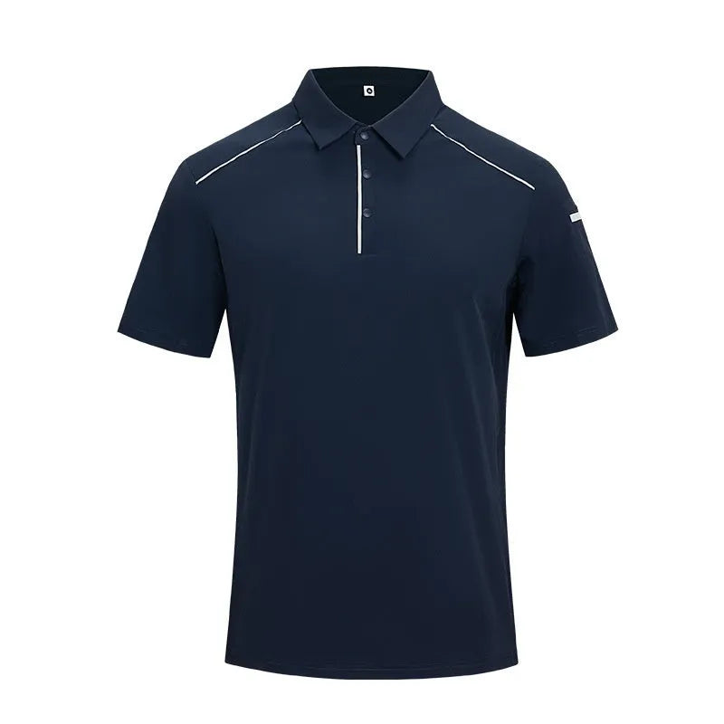 Nylon loose fit short sleeve t-shirt with a stand collar and colour stitching detail, shown in a business casual context.