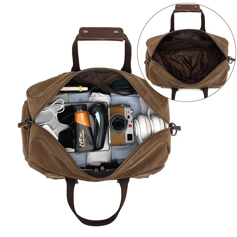 Large capacity crossbody travel bag in canvas with retro style sewing line detailing