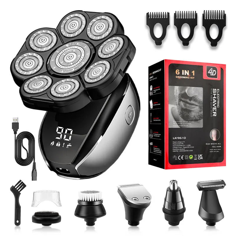 Black 6-in-1 rechargeable hair clippers shaver with multiple grooming attachments including 9D shaving head and nose trimmer