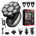 Black 6-in-1 rechargeable hair clippers shaver with multiple grooming attachments including 9D shaving head and nose trimmer