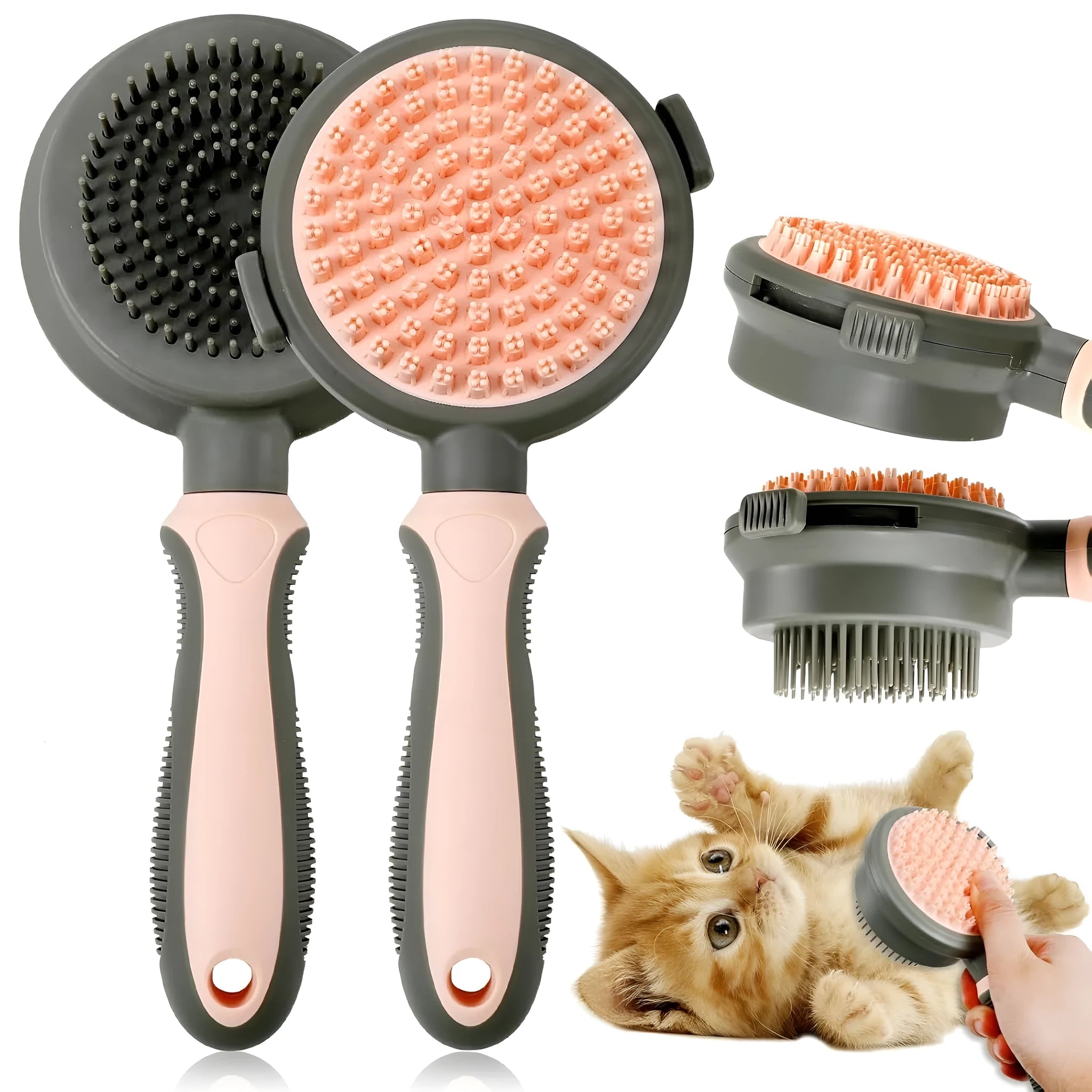 Double-sided pink cat brush with slicker bristles on one side and flea comb on the other, showing hair release button