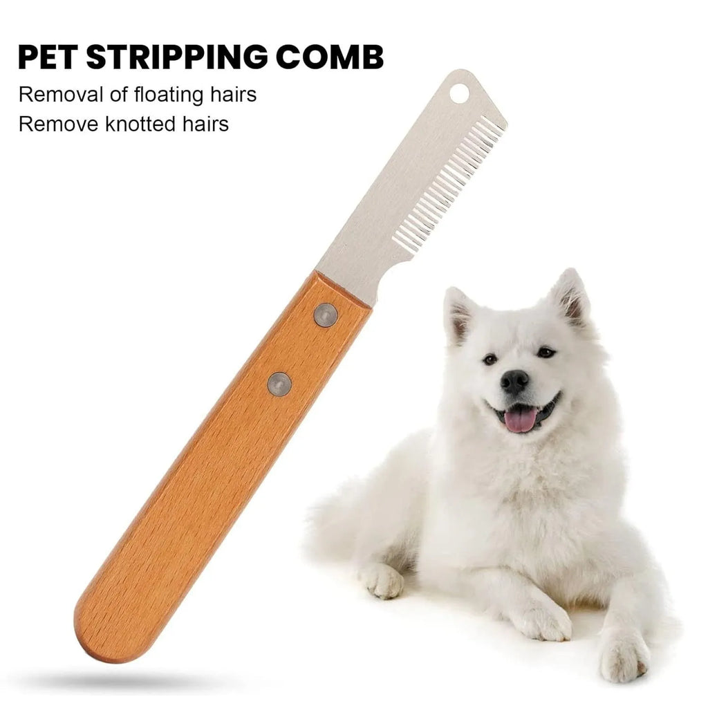 Wood handle pet stripping comb grooming tool for dogs and cats with metal fittings