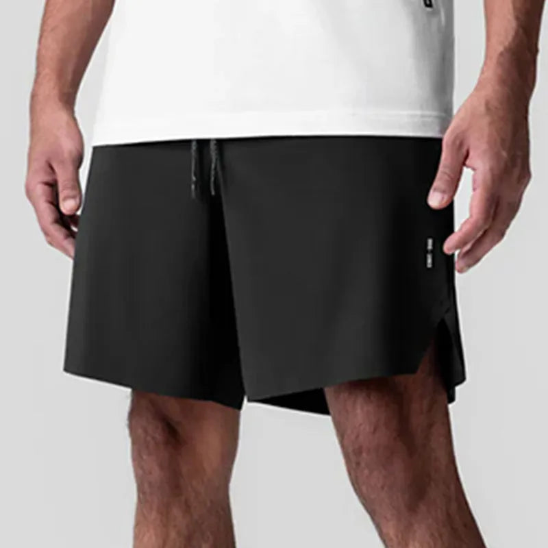 Men's gray seamless quick-dry sport shorts with a straight knee-length cut