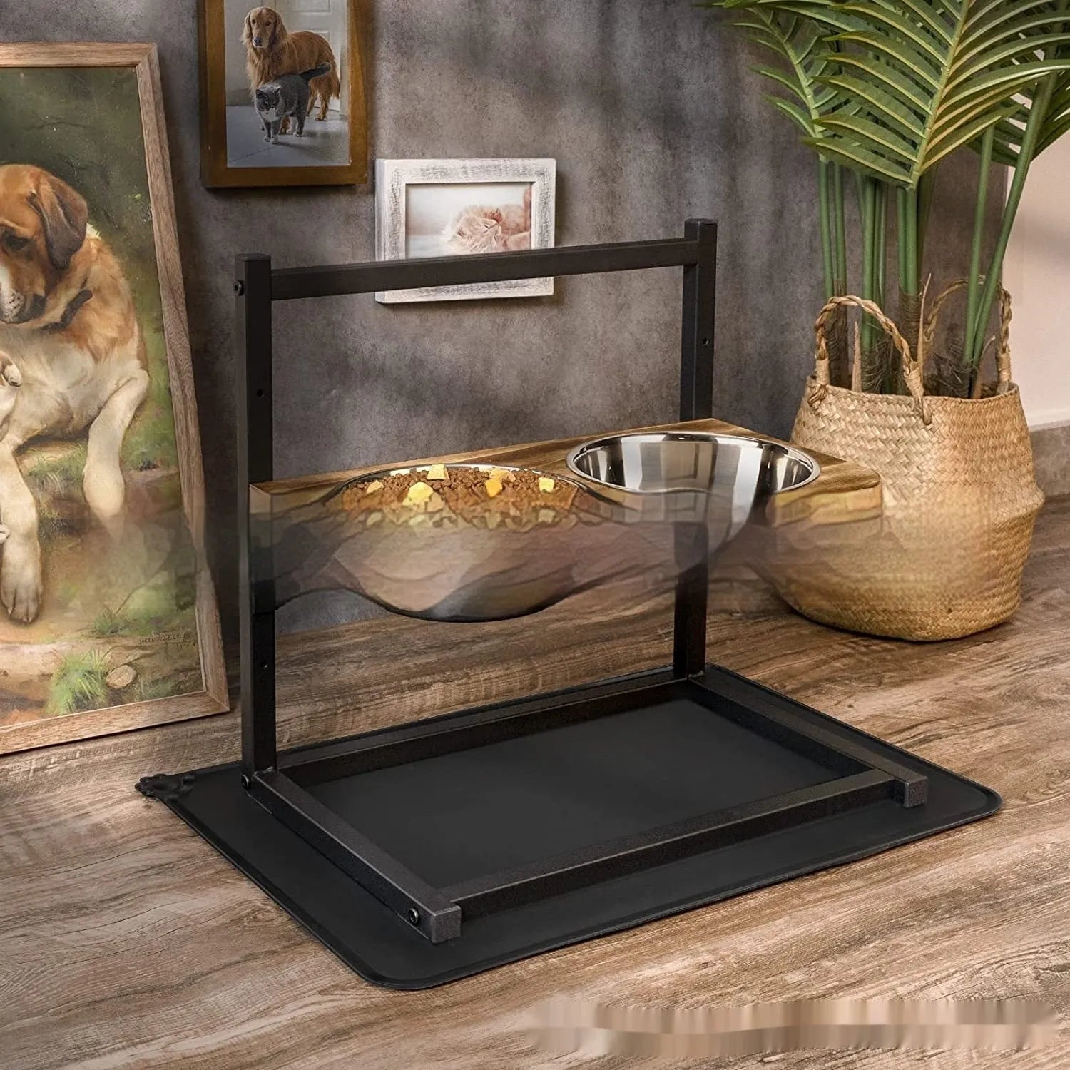 Large black iron elevated dog bowl rack with food and water bowls