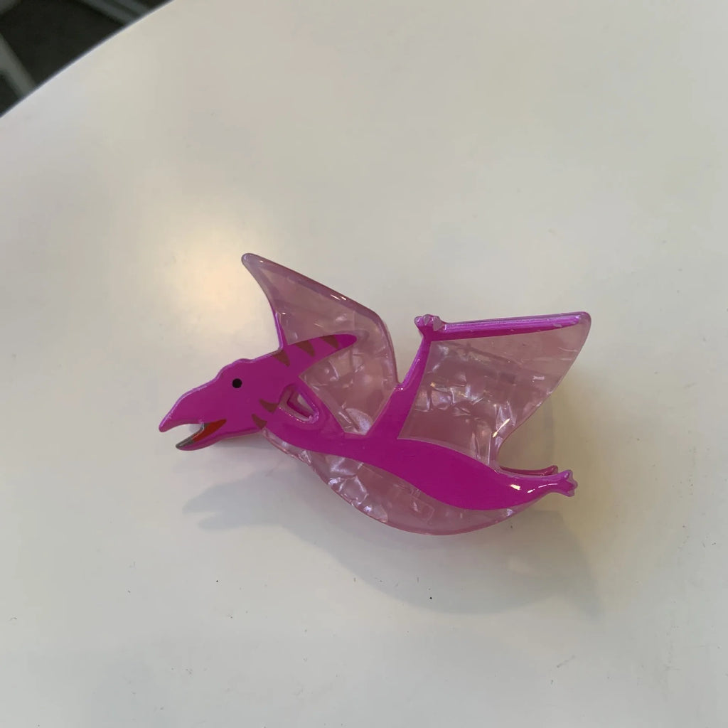 Dinosaur themed acrylic jaw hair clip showing six colour variations including pink, green, purple, blue and brown designs