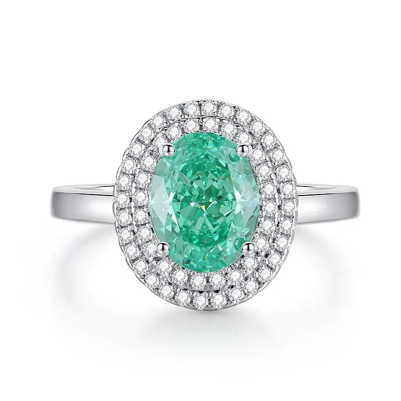 Women's S925 sterling silver geometric ring with oval Palaba emerald and high-carbon diamond accents