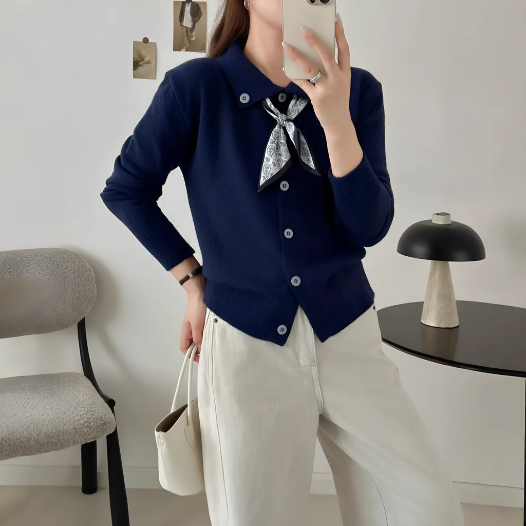 Lapel scarf cardigan sweater in acrylic fibre, shown in milky white colour.