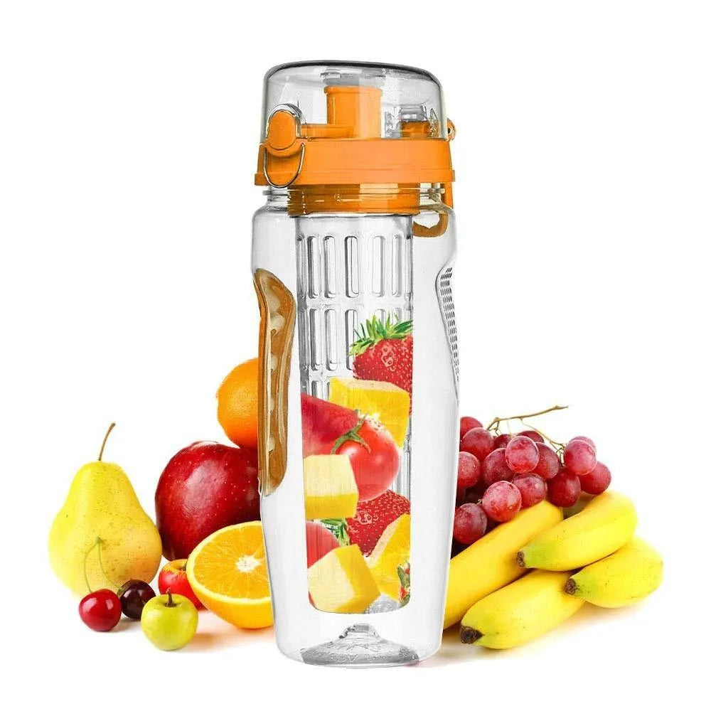 Clear 32oz Tritan plastic fruit infuser water bottle with blue lid and separate fruit infusion cup