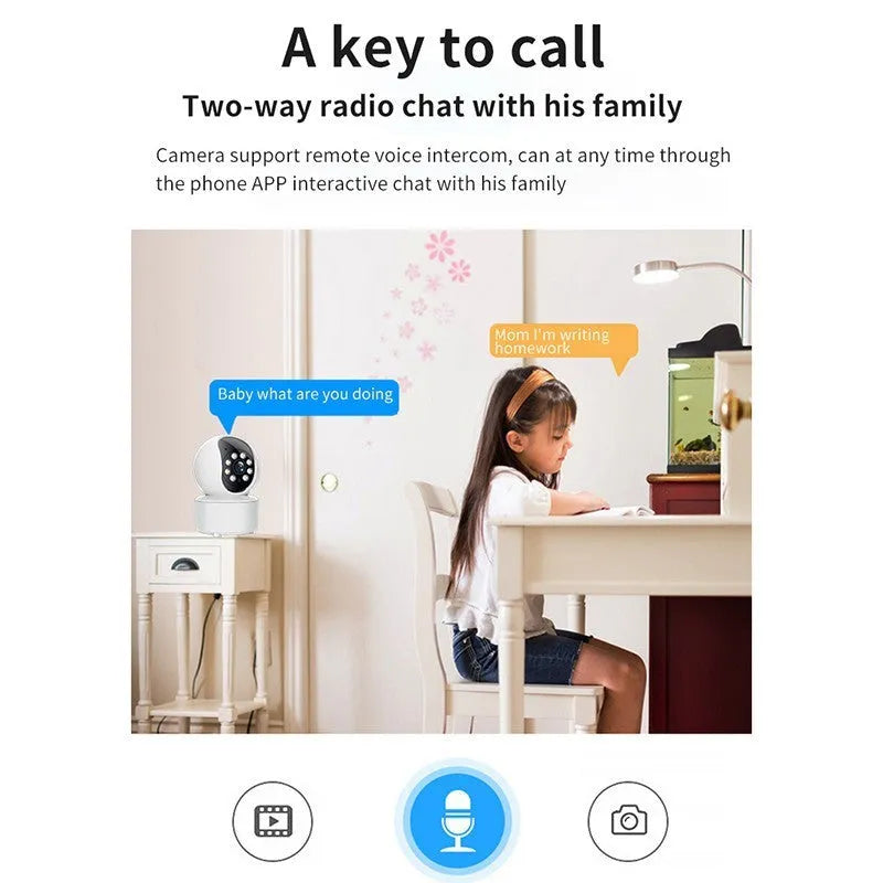 White indoor Wi-Fi smart security camera on a stand with 360-degree rotation for panoramic monitoring.