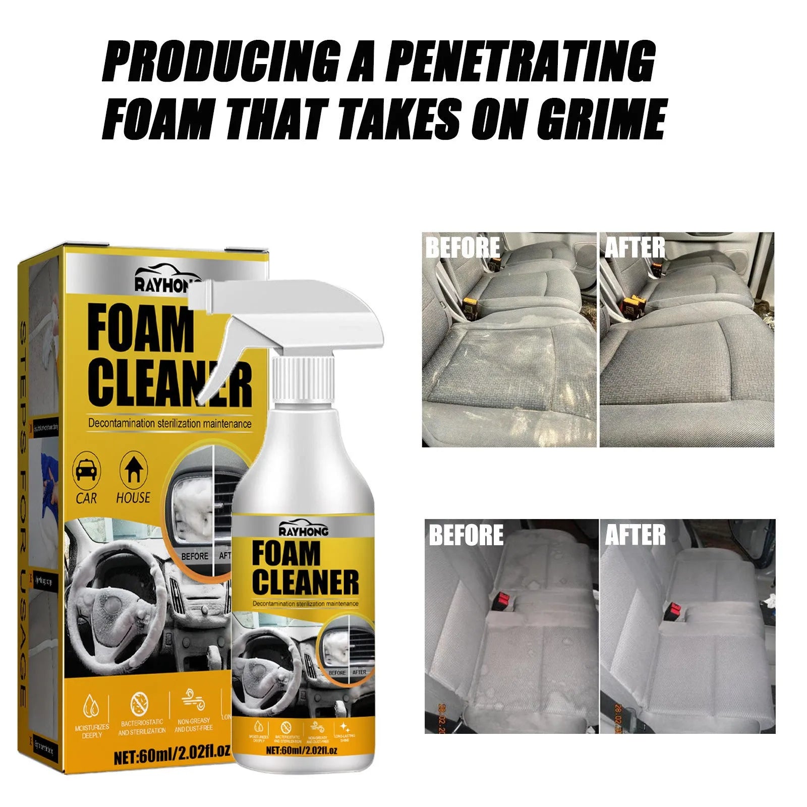 Car interior foamed cleaner kit with 60ml bottle and 10cm sponge for wash-free cleaning