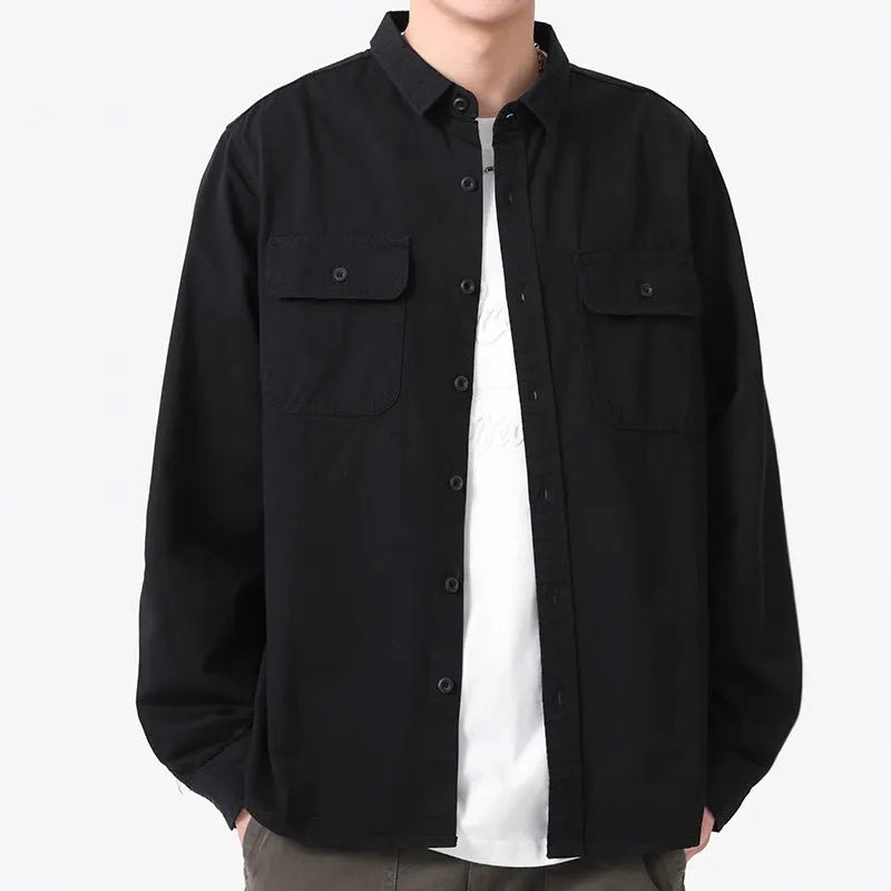 Men's loose fit long sleeve polyester shirt cardigan in light grey, black, khaki or green colours