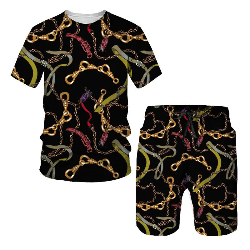 Men's chain pattern digital printed short sleeve t-shirt and matching shorts set