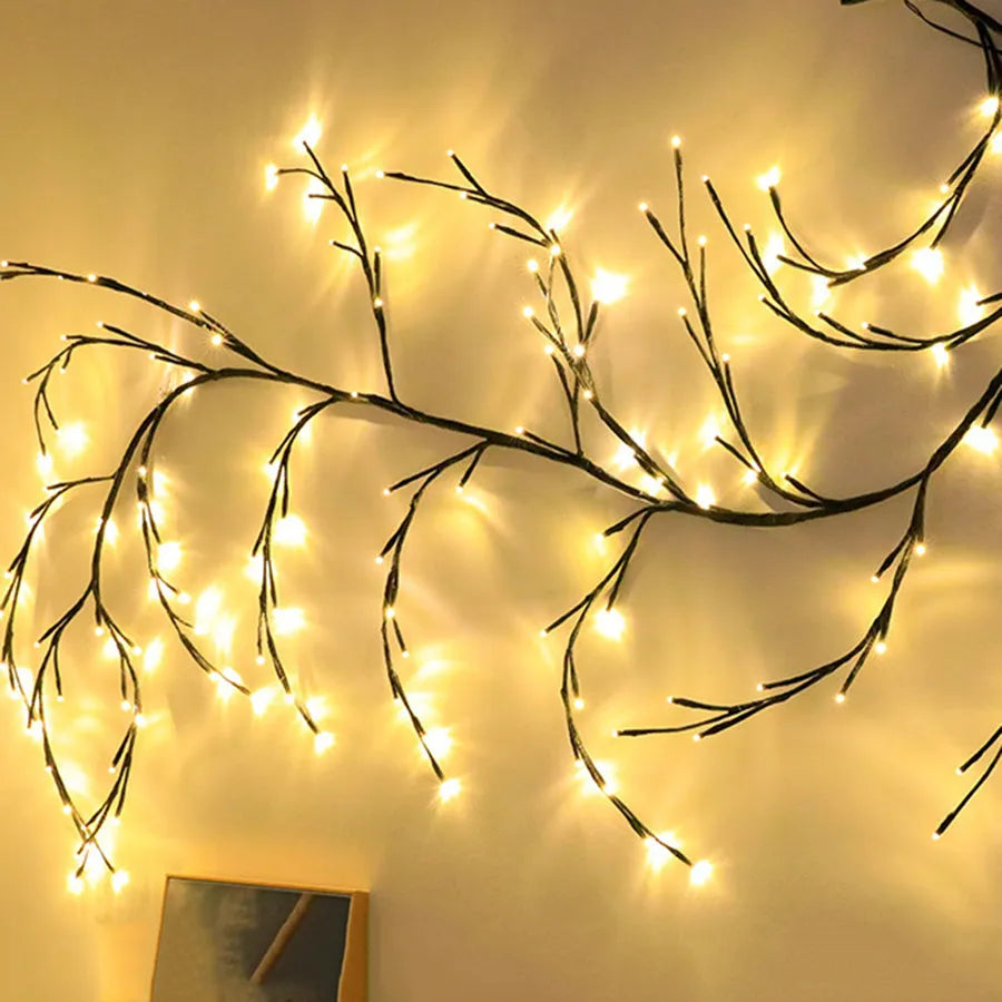 Flexible LED willow vine garland with 144 warm white lights and birch bark texture