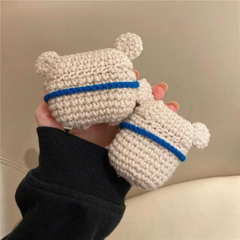 Handmade knitted koala bear backpack design protective sleeve for Apple AirPods case.