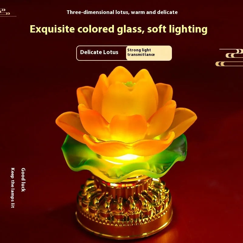 Chinese style yellow lotus table lamp with single cup design on a wooden surface.