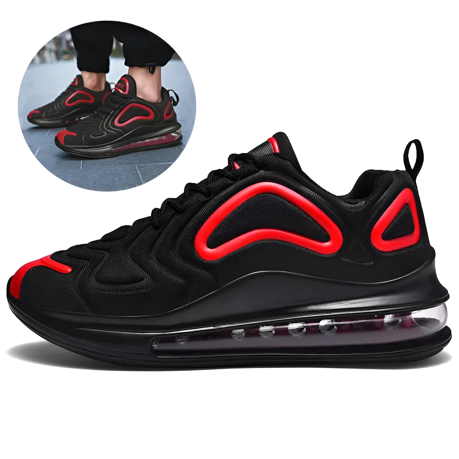 Men's black casual lace-up sneakers with a thick sole and round toe, shown on a white background.