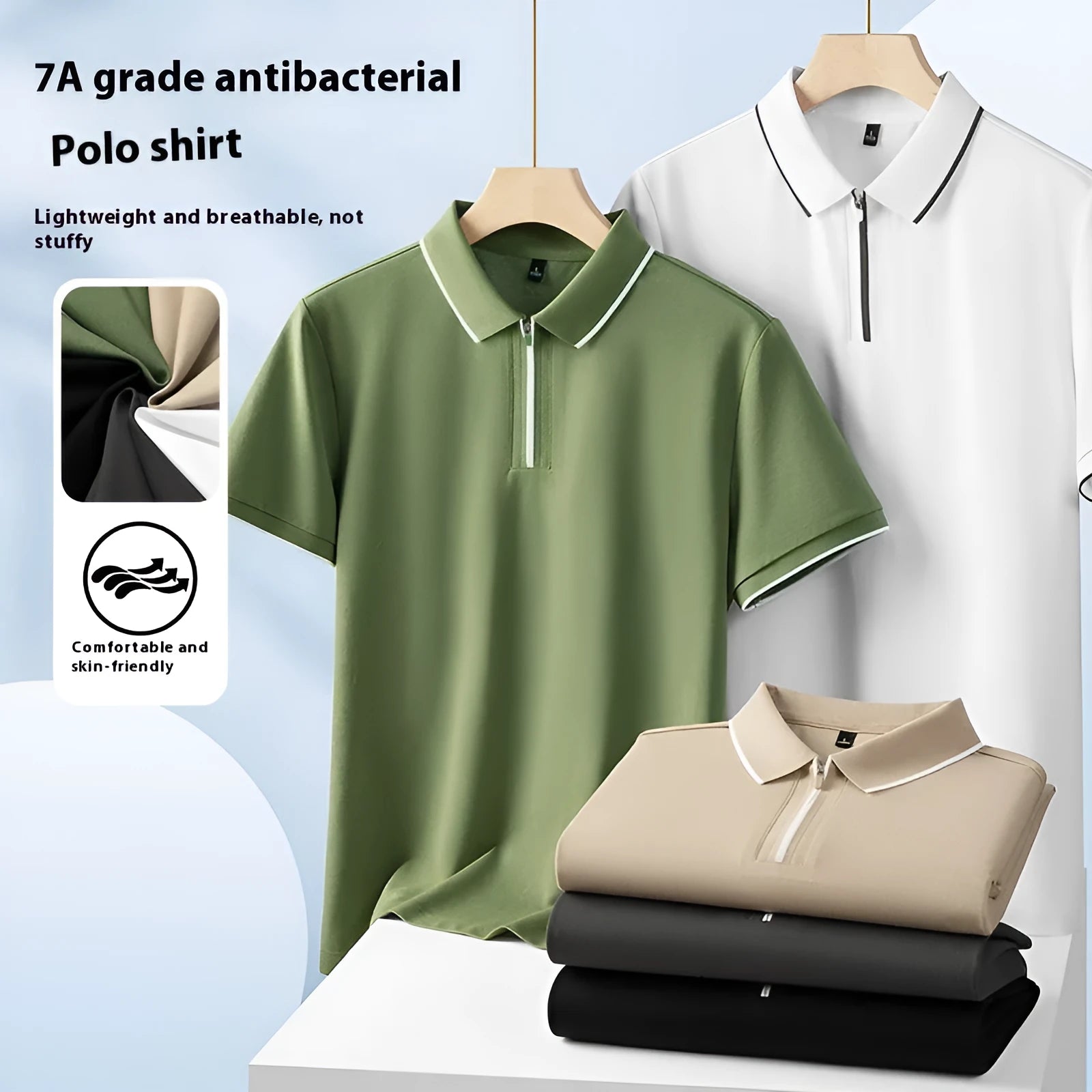 Men's solid colour polo shirt with a zipper collar and short sleeves in a casual style.