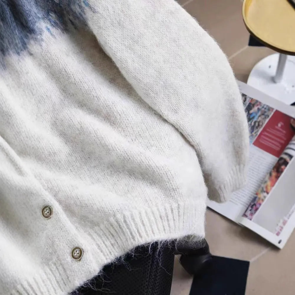 Women's loose fit jacquard sweater coat in milky white, brown or navy blue with long sleeves