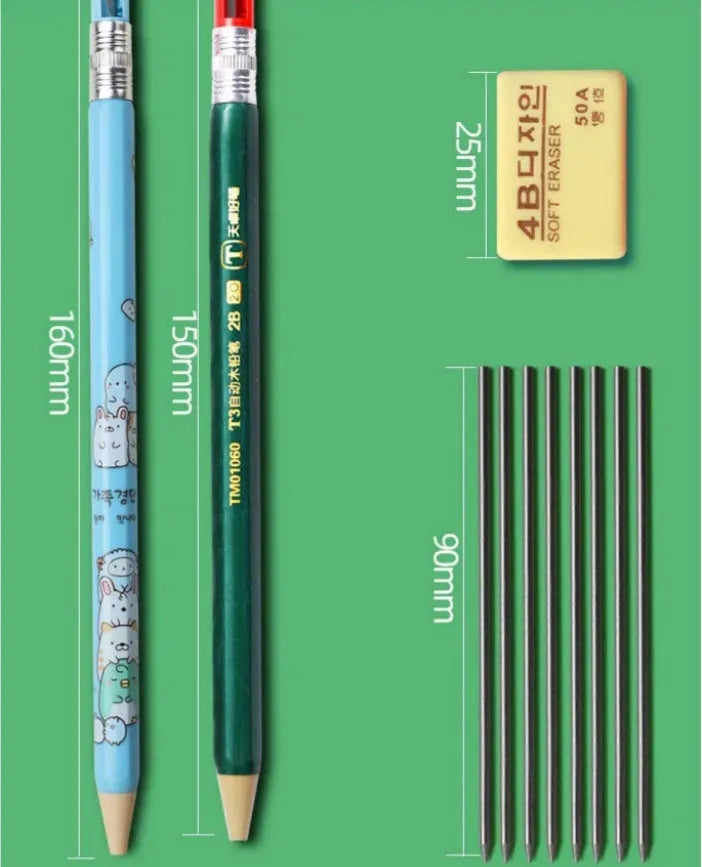 Children's mechanical pencils in cartoon designs with refill cylinders and rubber erasers