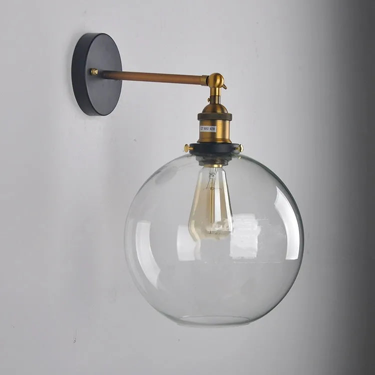 20cm diameter retro round ball glass wall lamp with aluminium holder in amber, smoky grey or clear colour.