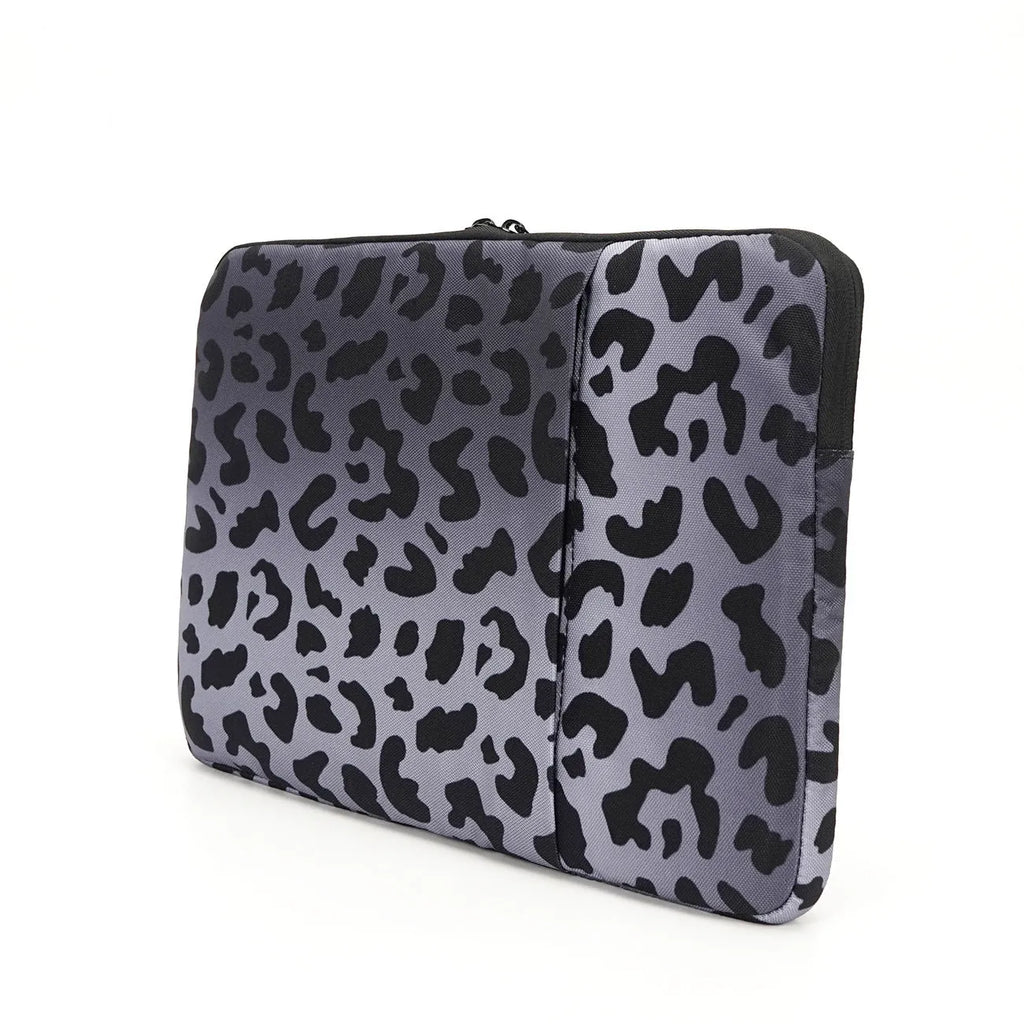 Leopard print laptop sleeve with shock-absorbing flannel and waterproof polyester lining