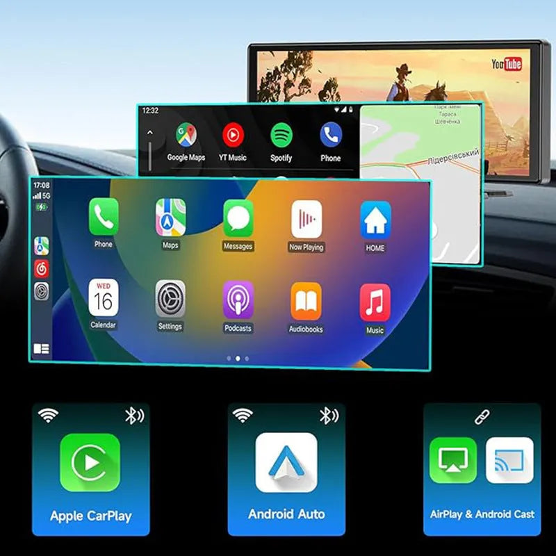 10.26-inch black car navigation device with touch screen showing split display of GPS map and dual camera feeds