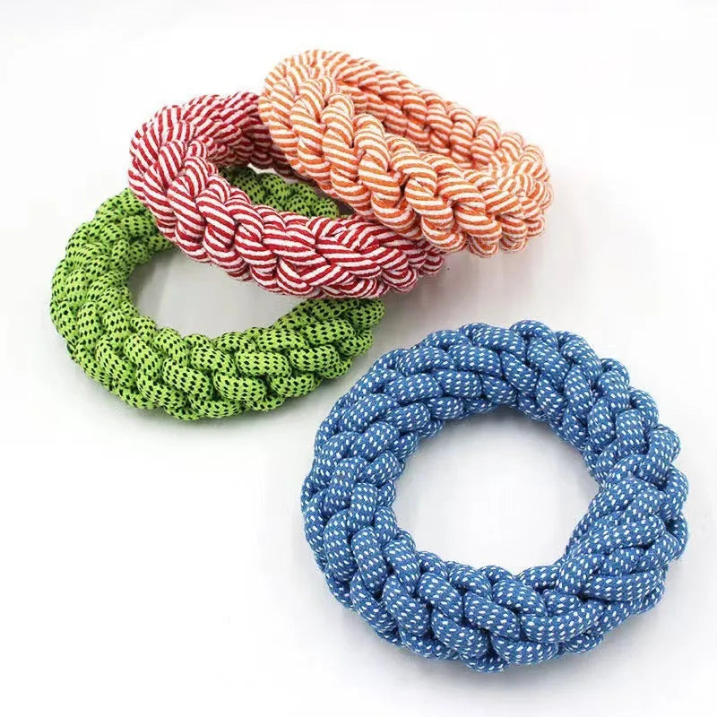 18cm diameter cotton braided ring pet toy in random colour with textured knot design