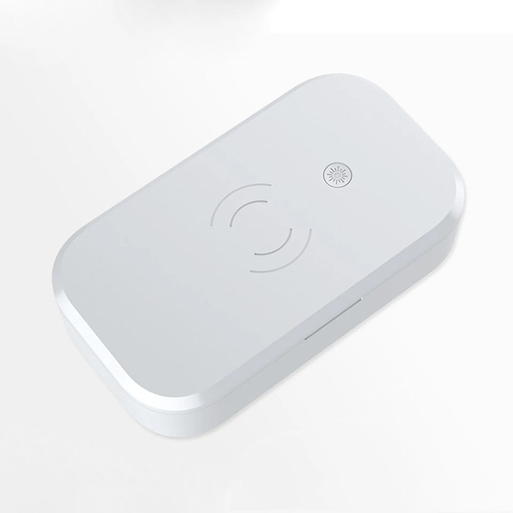 UV disinfection box with wireless charging for nail tools and mobile phones in ivory white colour