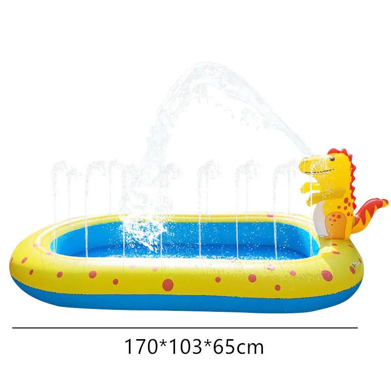 Blue dinosaur inflatable water spray pool measuring 170x105x65cm for outdoor children's play
