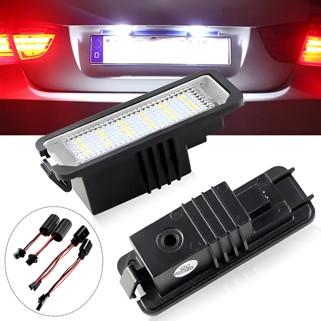 Two white LED licence plate light bulbs for Volkswagen Golf, Polo, and Phaeton models.