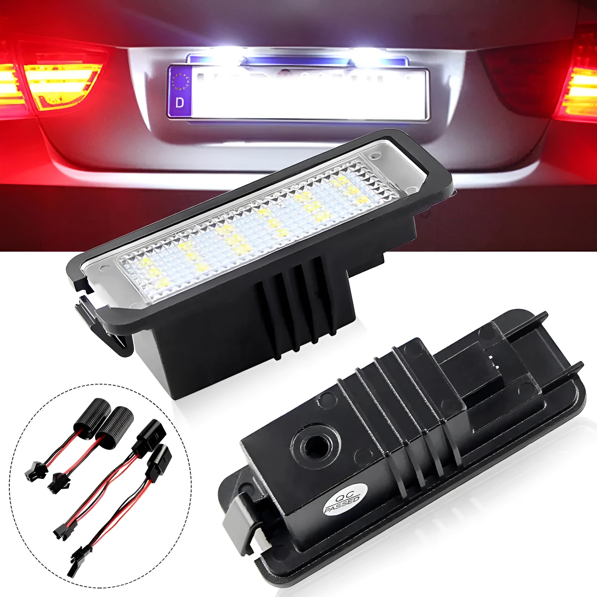Two white LED licence plate light bulbs for Volkswagen Golf, Polo, and Phaeton models.