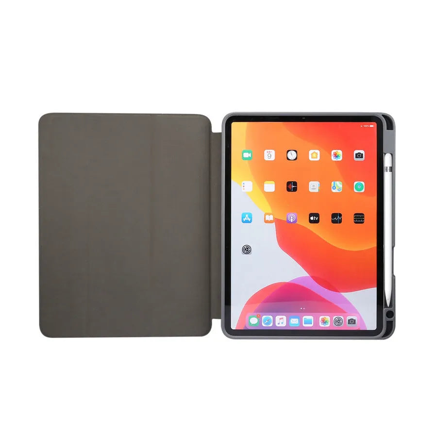 Dark grey marbling pattern iPad case folded in a stand position, showing the Apple Pencil slot.