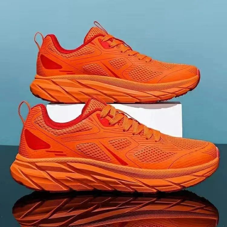 Unisex mesh casual running shoes in red, beige, green, grey, and black colours with round toe design.