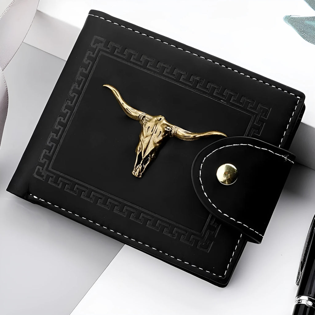 Black men's wallet with animal print pattern showing multiple card slots and zipper closure