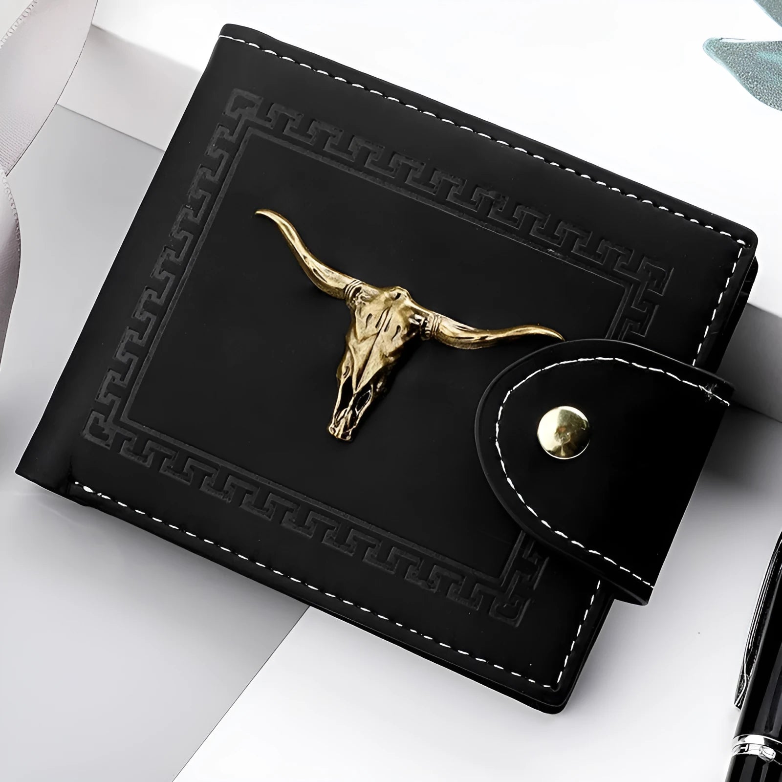 Black men's wallet with animal print pattern showing multiple card slots and zipper closure
