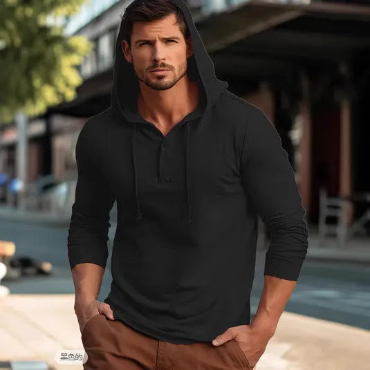 Men's casual cotton hoodie top in dark blue colour showing pullover design with long sleeves