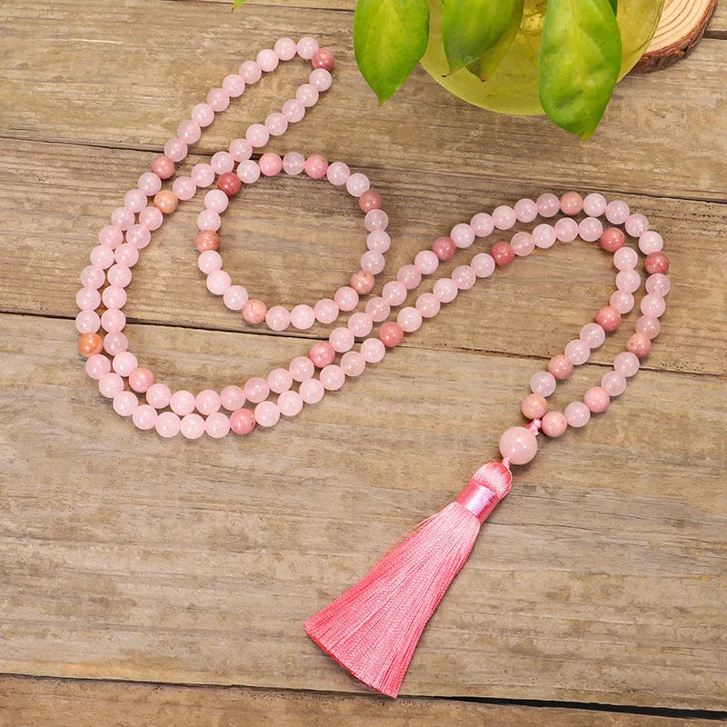 Stone bead yoga necklace and bracelet set with long fringe drop pendant on adjustable ball chain