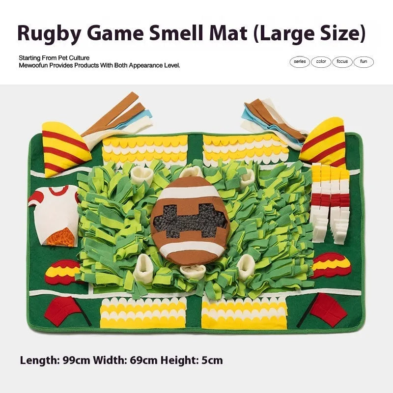 Themed dog sniffing mat showing garden camping pattern for canine enrichment and mental stimulation