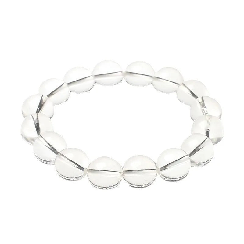 White crystal bracelet with round beads in various sizes from 6mm to 14mm diameter