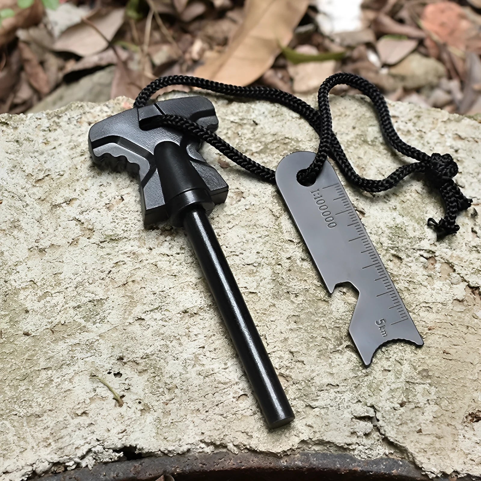 Butterfly-shaped stainless steel survival tool with fire starter and bottle opener, shown with dimensions.