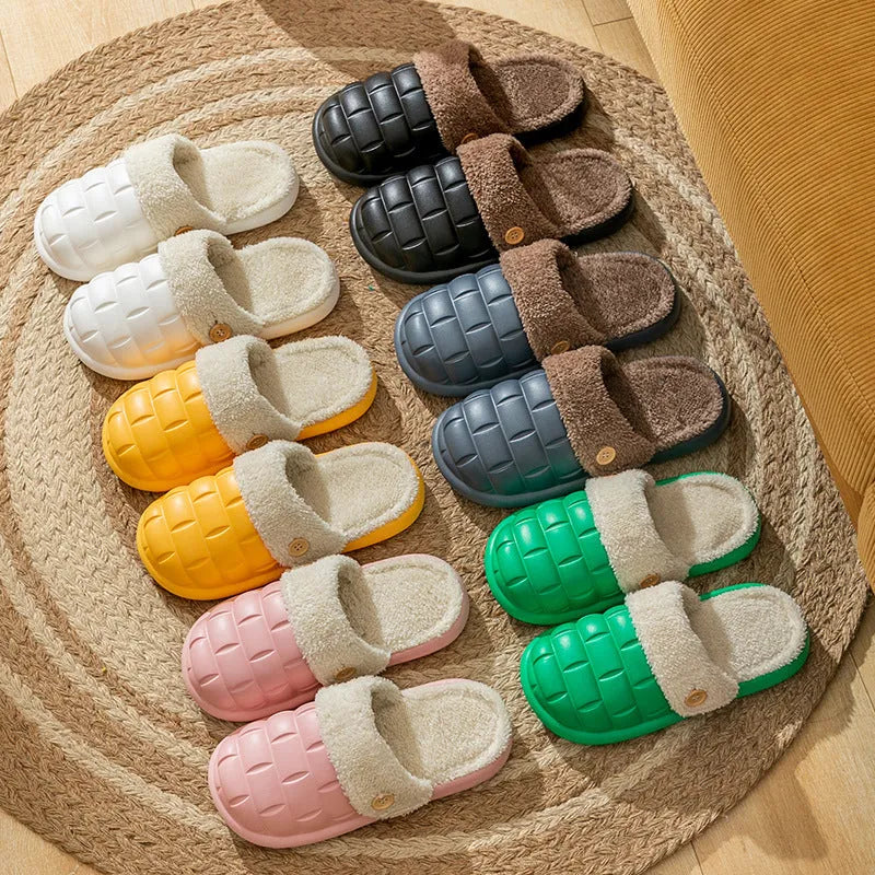 Plaid detachable EVA house slippers with plush lining, shown in multiple colours on a white background.