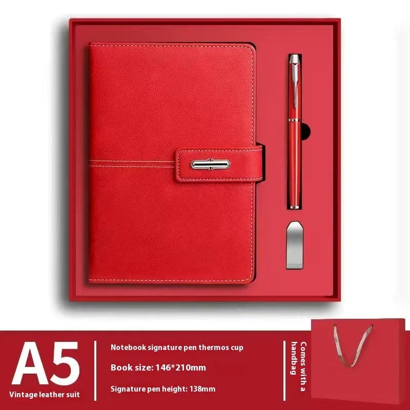 A5 size notebook with PU leather cover in various colours, showing wood-free paper inside.