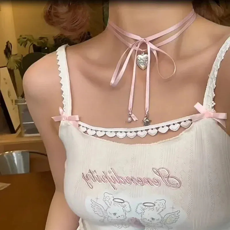 Women's alloy necklace with ribbon love pendant on clavicle chain in electroplated 33colour finish