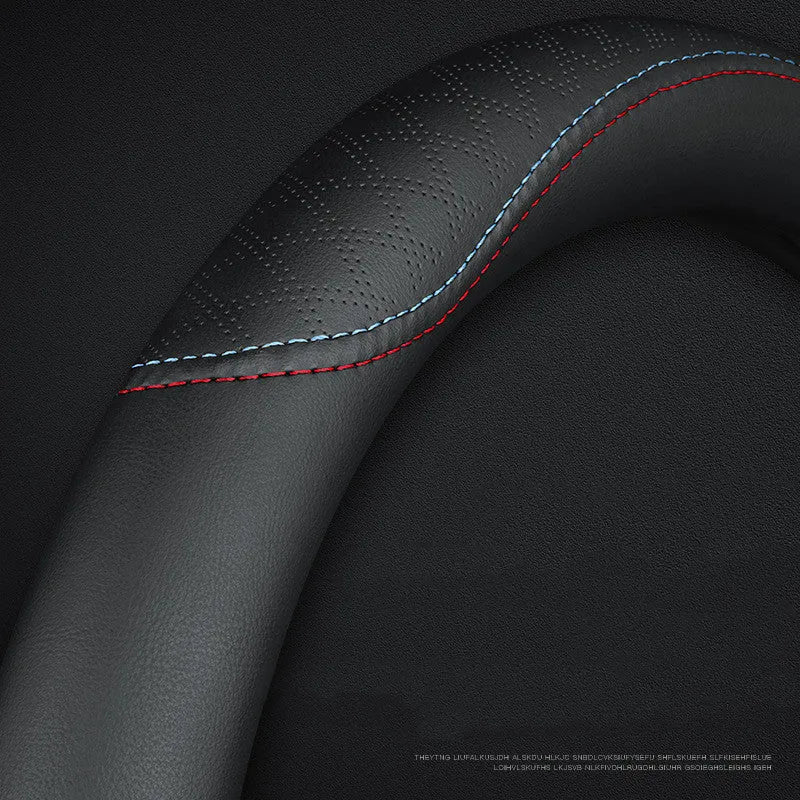 Black steering wheel cover with Napa leather texture on 38cm diameter wheel