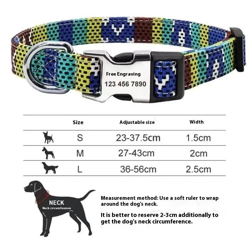 Striped canvas dog collar with adjustable semi-metal buckle in bohemian blue colour